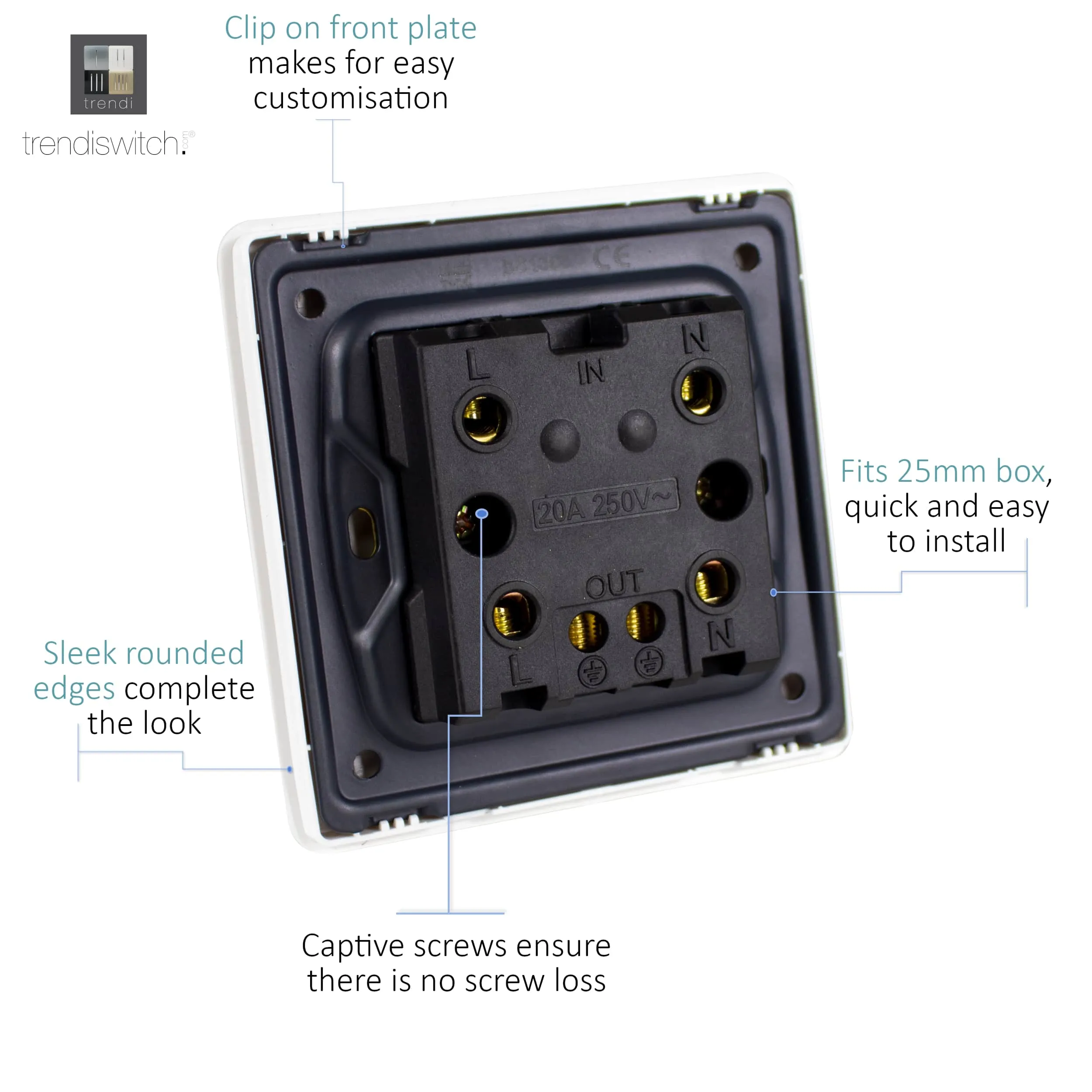 20 Amp Neon Insert Double Pole Switch Dark Brown ART-WHS1DB  Trendi Dark Brown